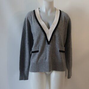 Sandro Gray V-Neck Sweater with Black and White Trim